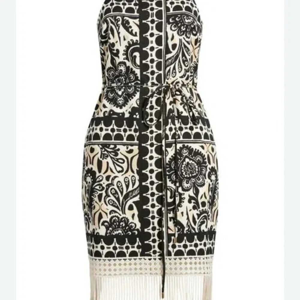 TAHARI ASL Fringe Printed Lined Dress NWT $149 Size 2 Black Tank Ivory - Picture 2 of 10
